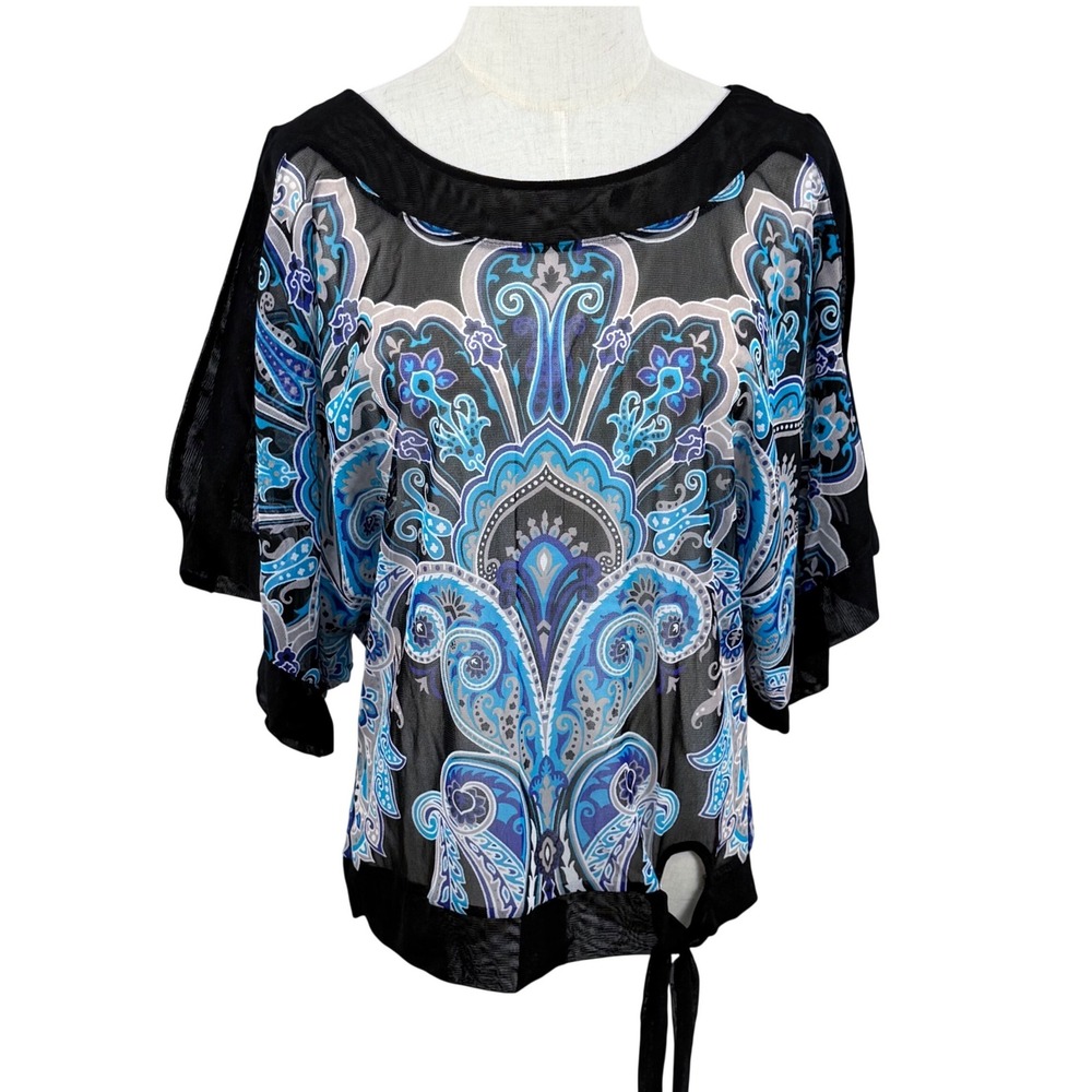 Y2K M Sheer Blouse Blue Black Paisley Boho Dolman Split Sleeve Hippie Whimsigoth